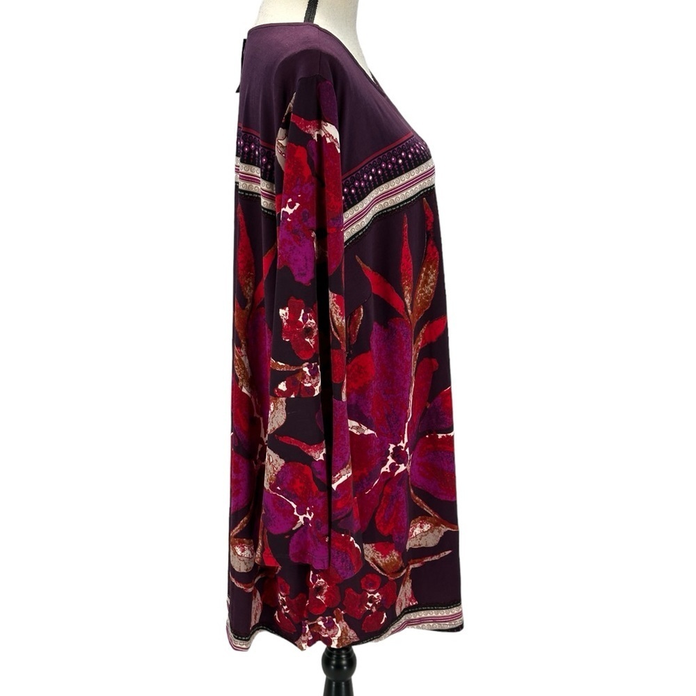 Avenue Long Sleeve Round Neck Berry Floral Print Tunic - Red Purple  - size 22 - Picture 2 of 7